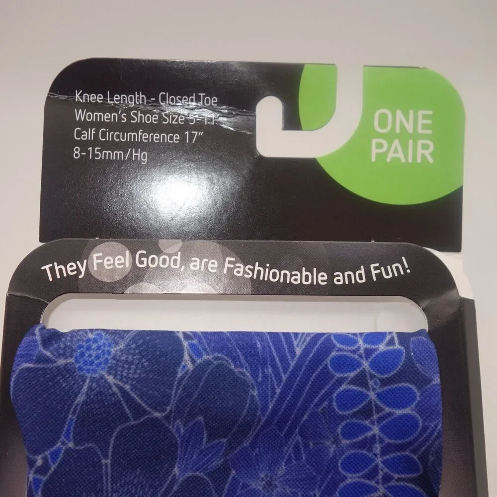 NEW Cutieful Therapeutic Compression Socks Fits Size 5-11 Blue Floral Flowers